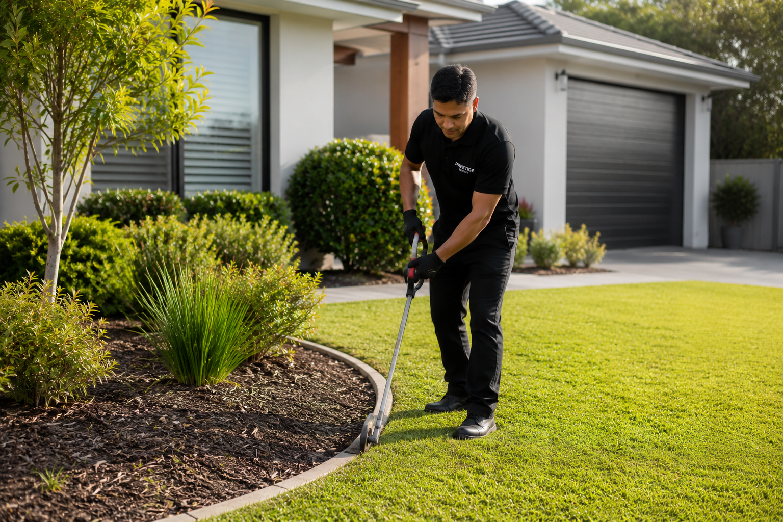 Technician performing professional lawn maintenance and edging at a residential property