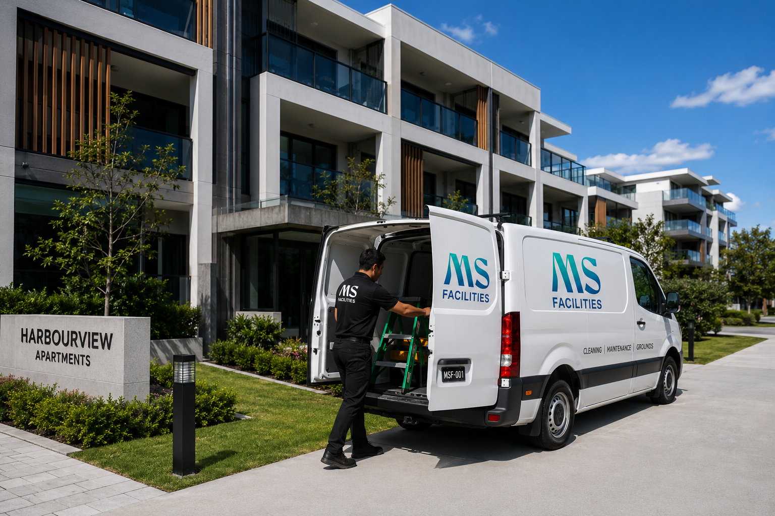 MS Facilities branded service vehicle parked outside a freshly maintained strata complex