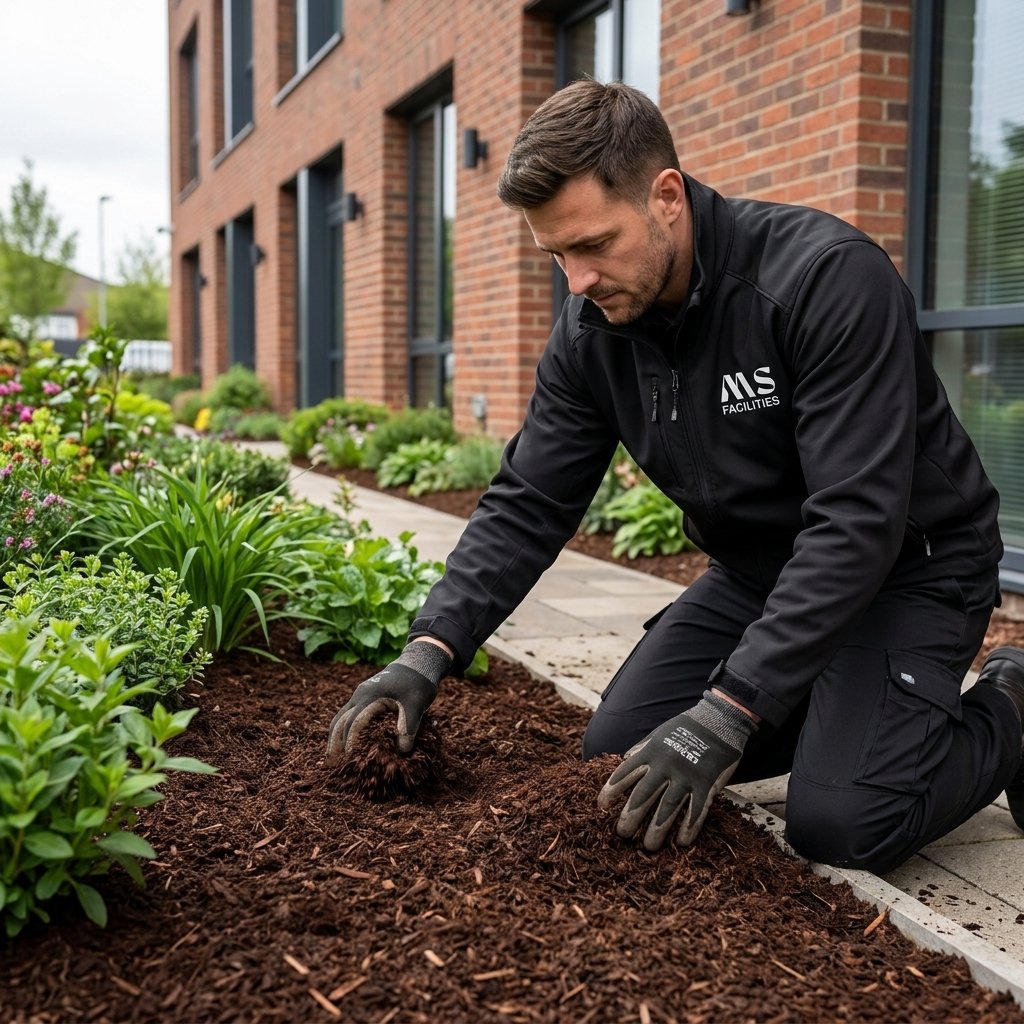 Garden bed weeding and mulching service for a commercial property