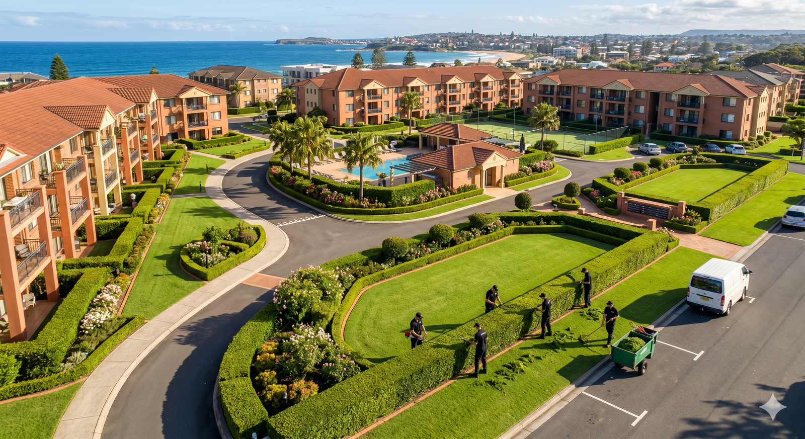 Strata complex grounds maintenance with trimmed hedges and neat lawns
